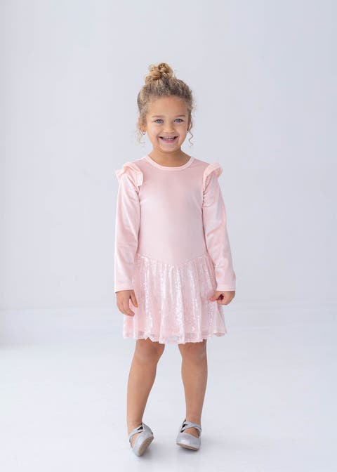 Blushing Velvet Long Sleeve Ruffle Shoulder Sequin Skirt Dress