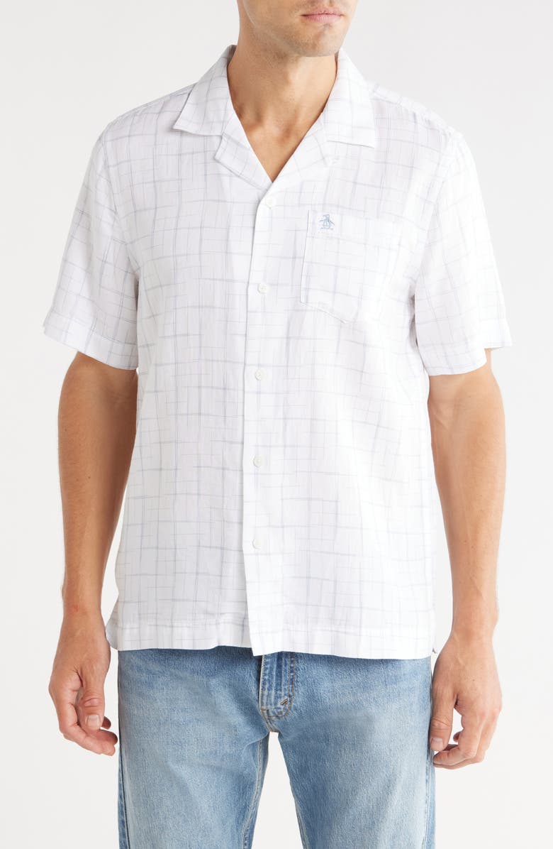 Original Penguin Windowpane Print Button-Up Camp Shirt, Main, color, Bright White