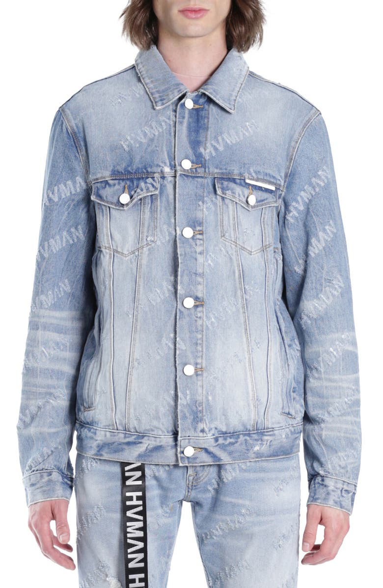 HVMAN Triangle Denim Logo Trucker Jacket, Main, color, Acid Repeat