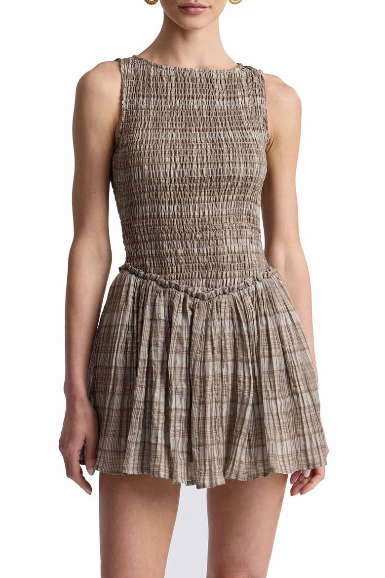 Smocked Basque Waist Minidress, Alternate, color, NATURAL PLAID
