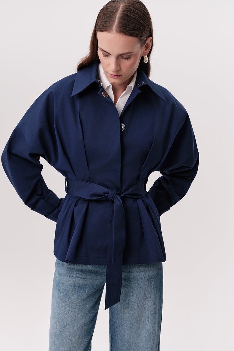Kelly Notched Collar Pleated Belted Trench Coat, Alternate, color, Navy