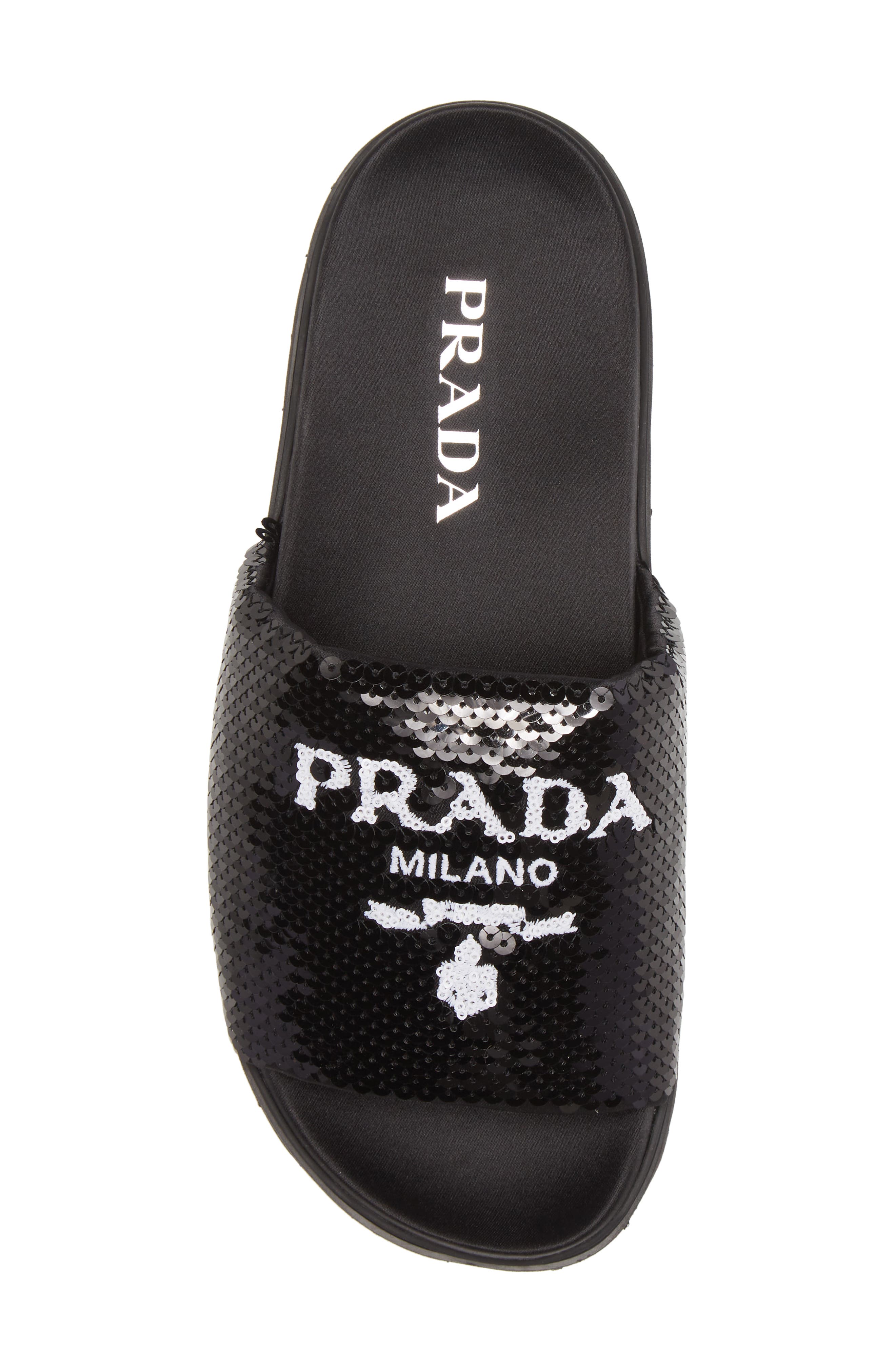 Prada Logo Sequin Slide Sandal, Alternate, color, 