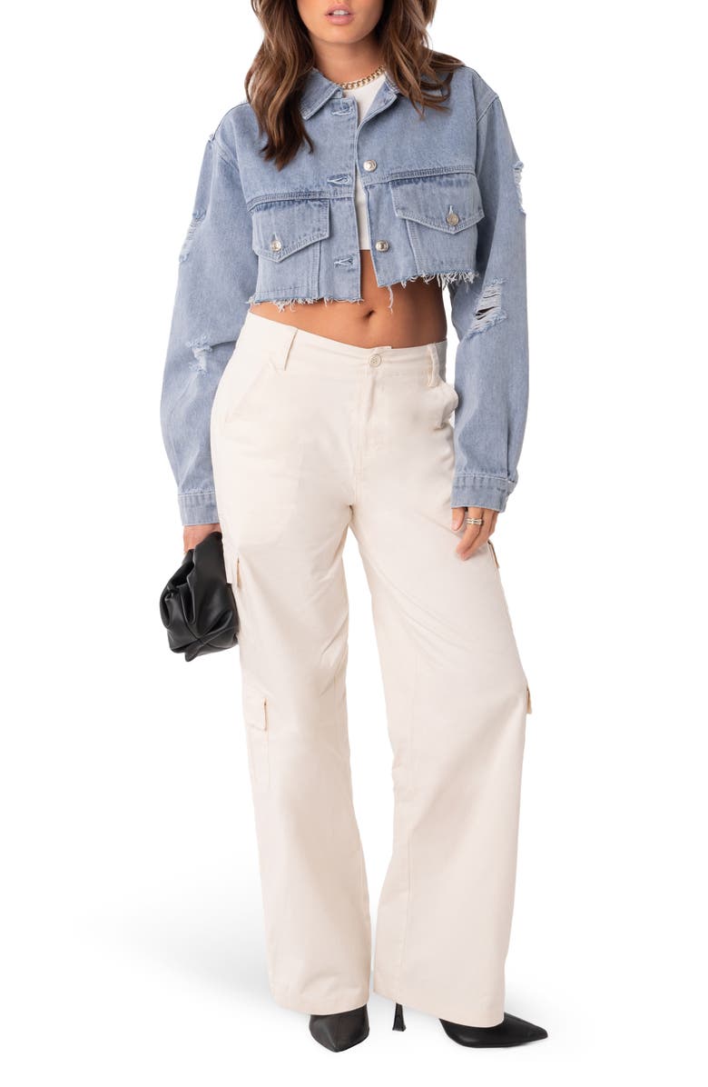 EDIKTED Addison Crop Denim Jacket, Alternate, color, 