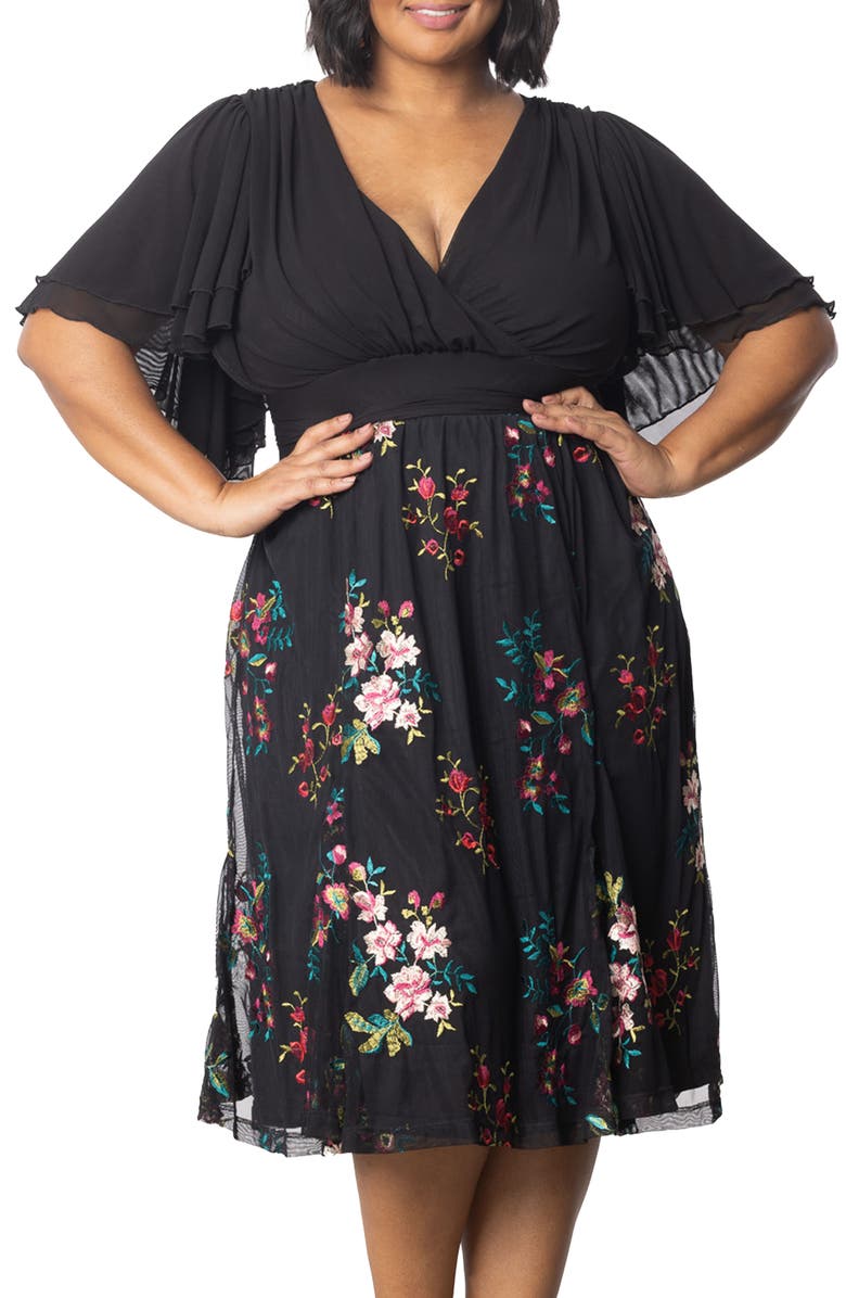 Kiyonna Lillian Embroidered Flutter Sleeve Cocktail Dress, Alternate, color, Onyx