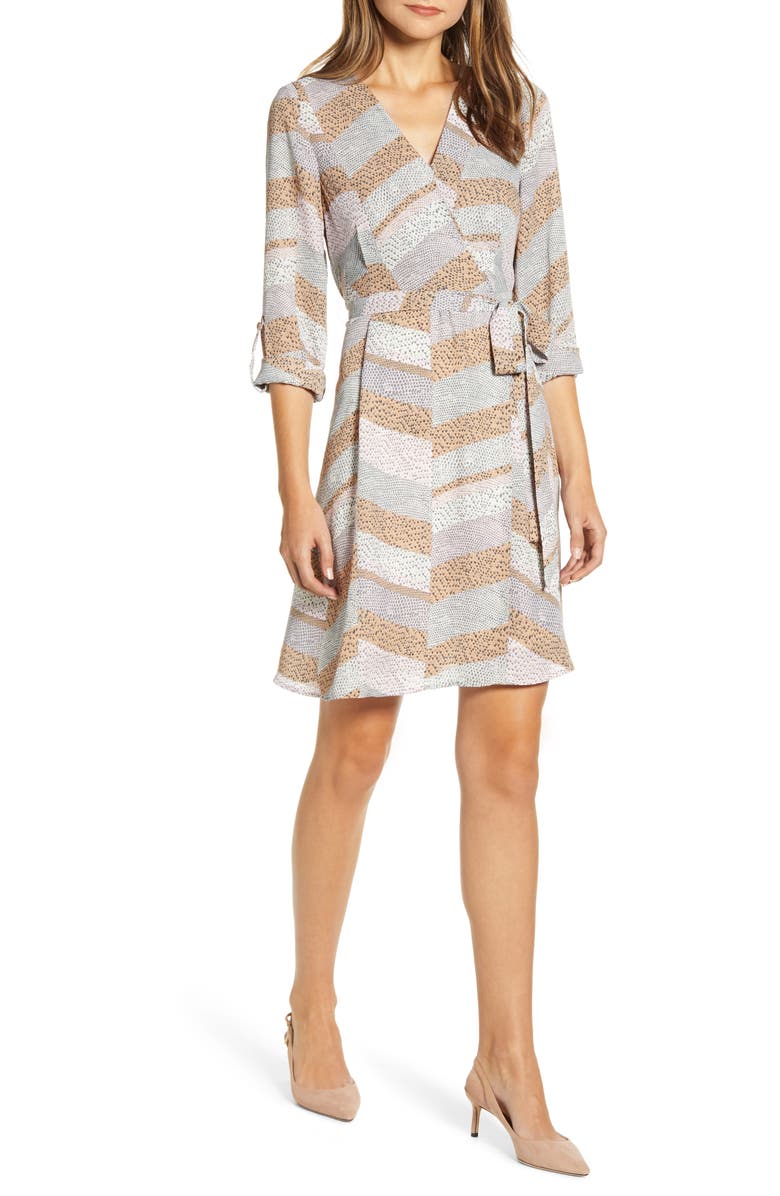 Bobeau Print Long Sleeve Roll-Tab Faux Wrap Dress, Main, color,