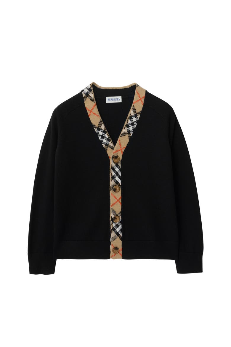 Check Trim Wool Cardigan, Main, color, Black