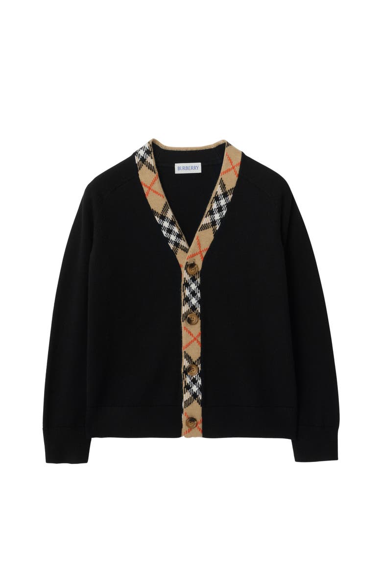 Burberry Check Trim Wool Cardigan, Main, color, Black