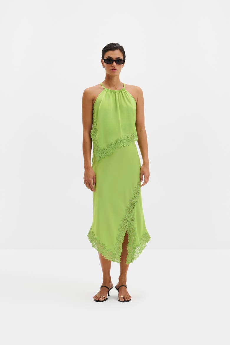 Heylin Asymmetric Lace Hem Midi Skirt, Alternate, color, Lime