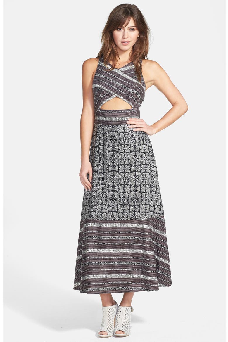 'Tribal Tale' Cutout Mixed Print Midi Dress, Main, color, BLACK COMBO