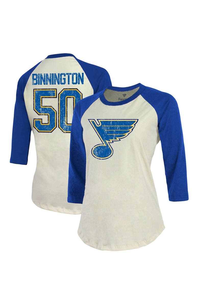 FANATICS Women's Fanatics Branded Jordan Binnington Cream/Blue St. Louis Blues Name & Number Tri-Blend Raglan 3/4-Sleeve T-Shirt, Main, color,
