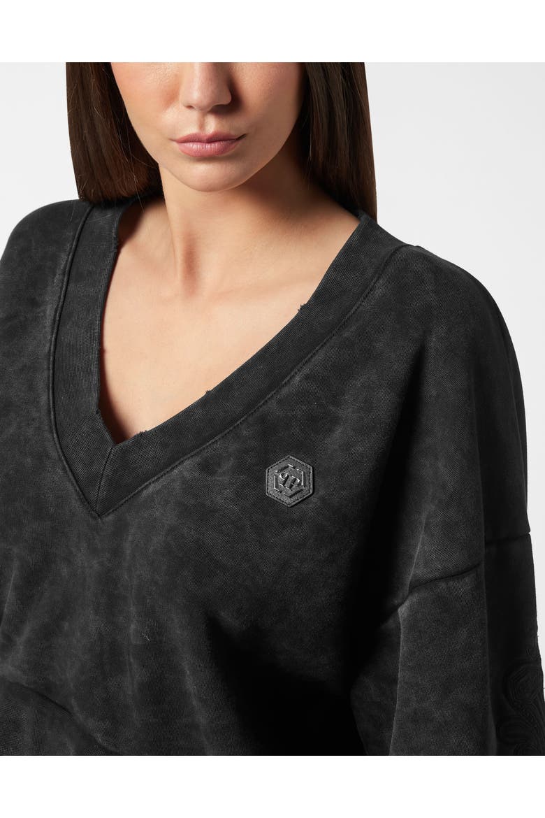 Washed V-Neck Sweatshirt Piercing Women, Alternate, color, black