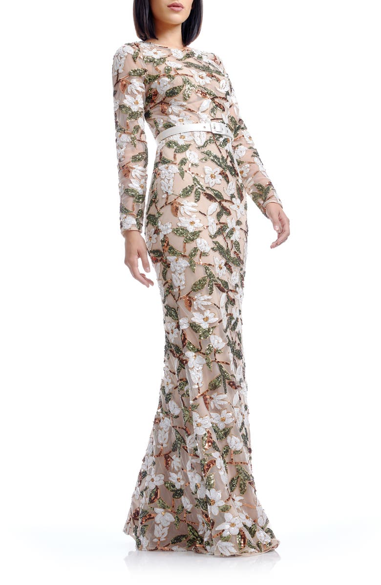 Dress the Population Tamra Sequin Embroidered Long Sleeve Mermaid Gown, Alternate, color, Ivory Multi