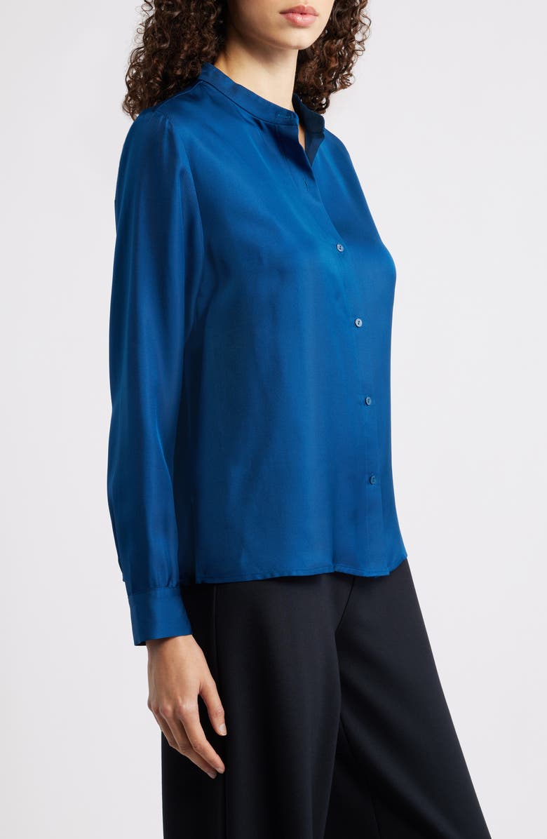 Eileen Fisher Mandarin Collar Silk Button-Up Shirt, Alternate, color, Atlantis