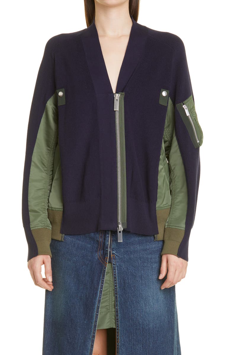 Sacai Hybrid Cotton & Nylon MA-1 Sweater Jacket, Main, color, Navy