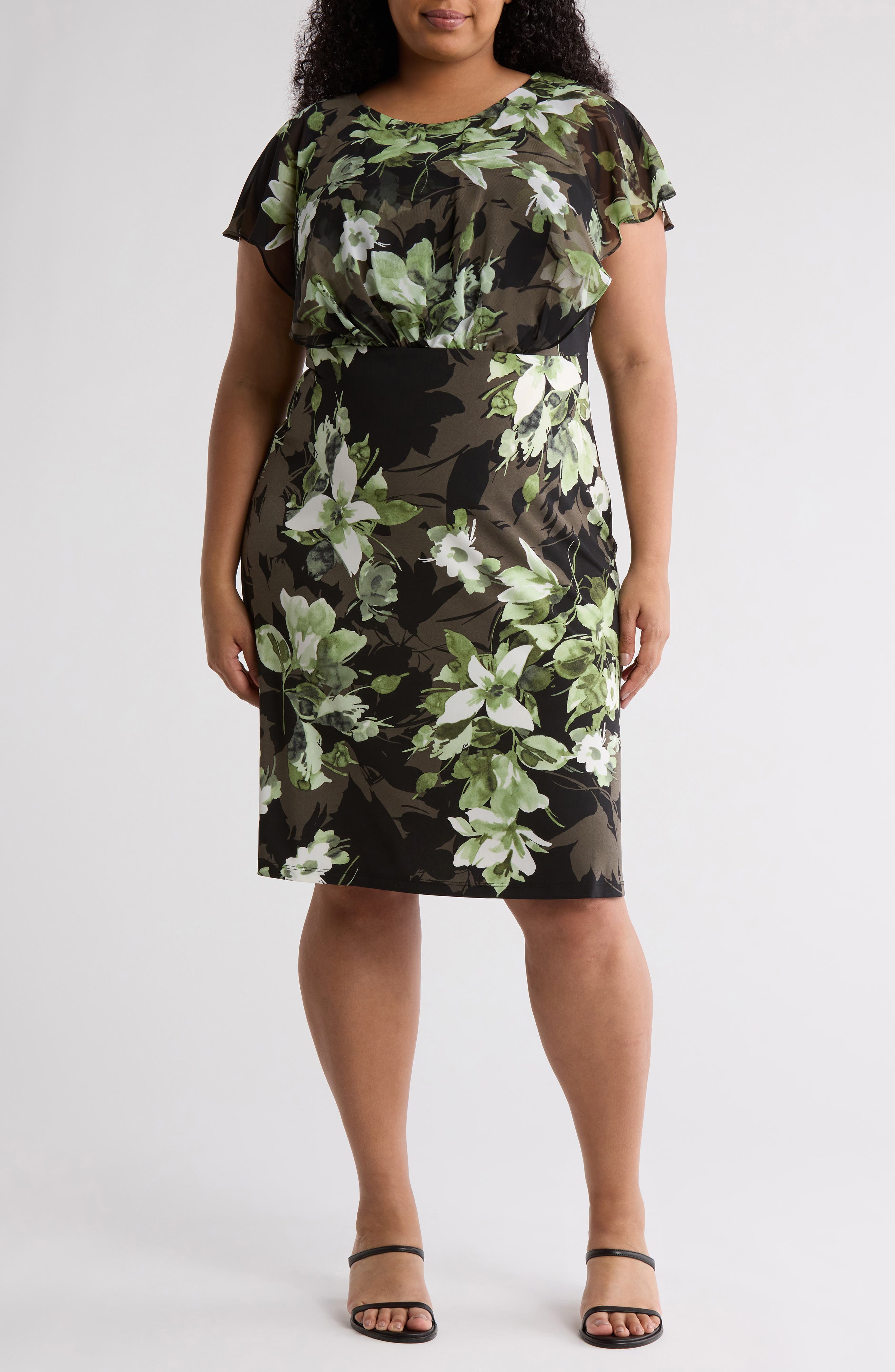 Connected Apparel Floral Chiffon Sleeve Sheath Dress