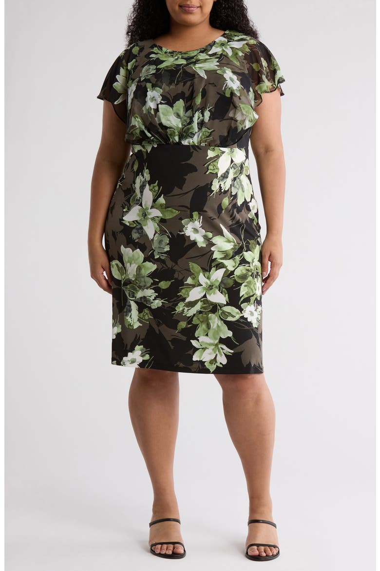 Floral Chiffon Sleeve Sheath Dress, Main, color, OLIVE