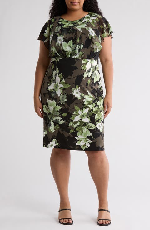 Floral Chiffon Sleeve Sheath Dress (Plus)