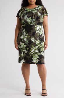 Connected Apparel Floral Chiffon Sleeve Sheath Dress