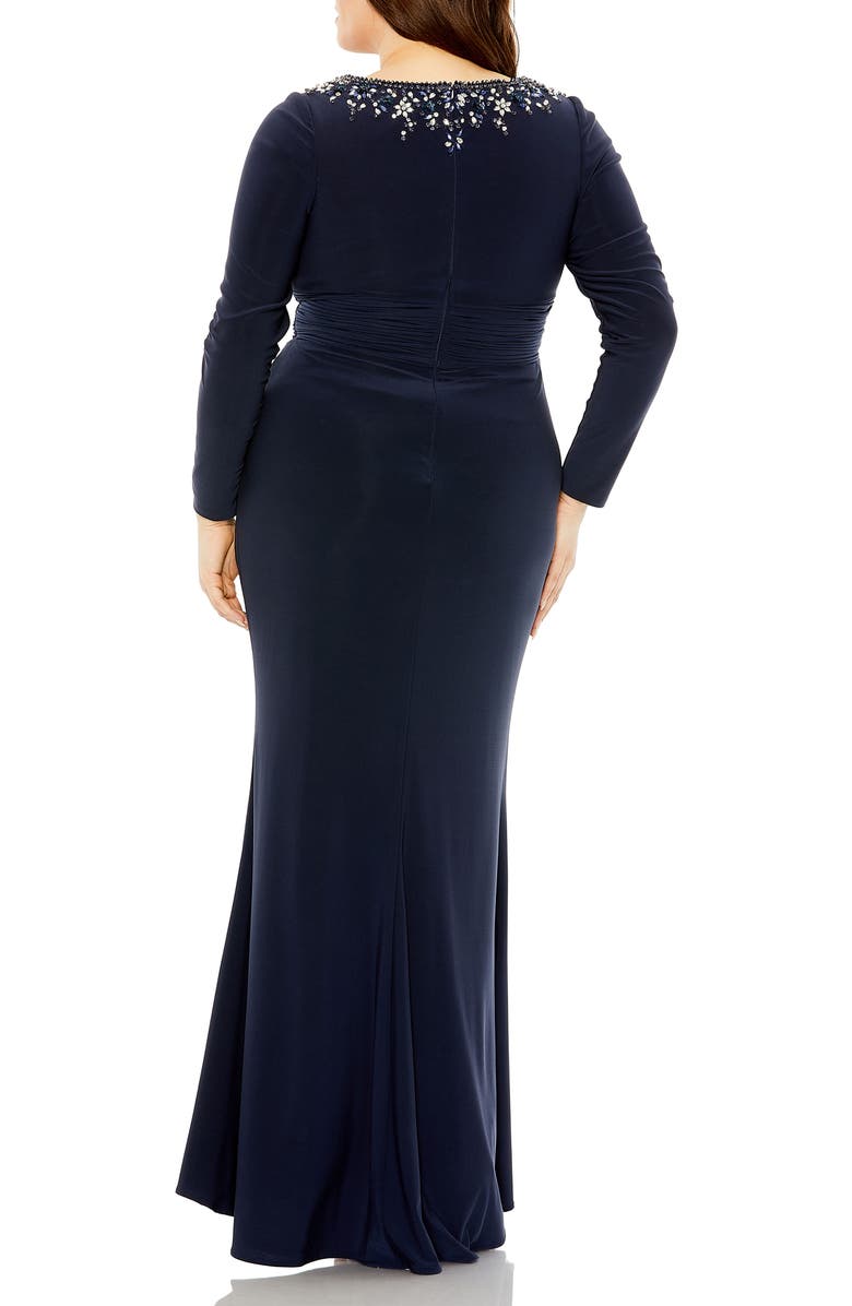 Mac Duggal Long Sleeve Embellished Neckline Jersey Gown, Alternate, color, Midnight