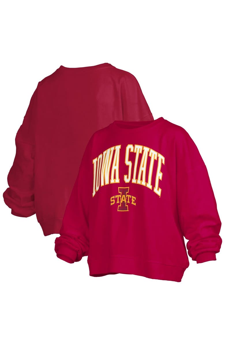PRESSBOX Women's Pressbox Cardinal Iowa State Cyclones Janise Arch Over Logo Waist Length Oversized Pullover Sweatshirt, Main, color, Cardinal