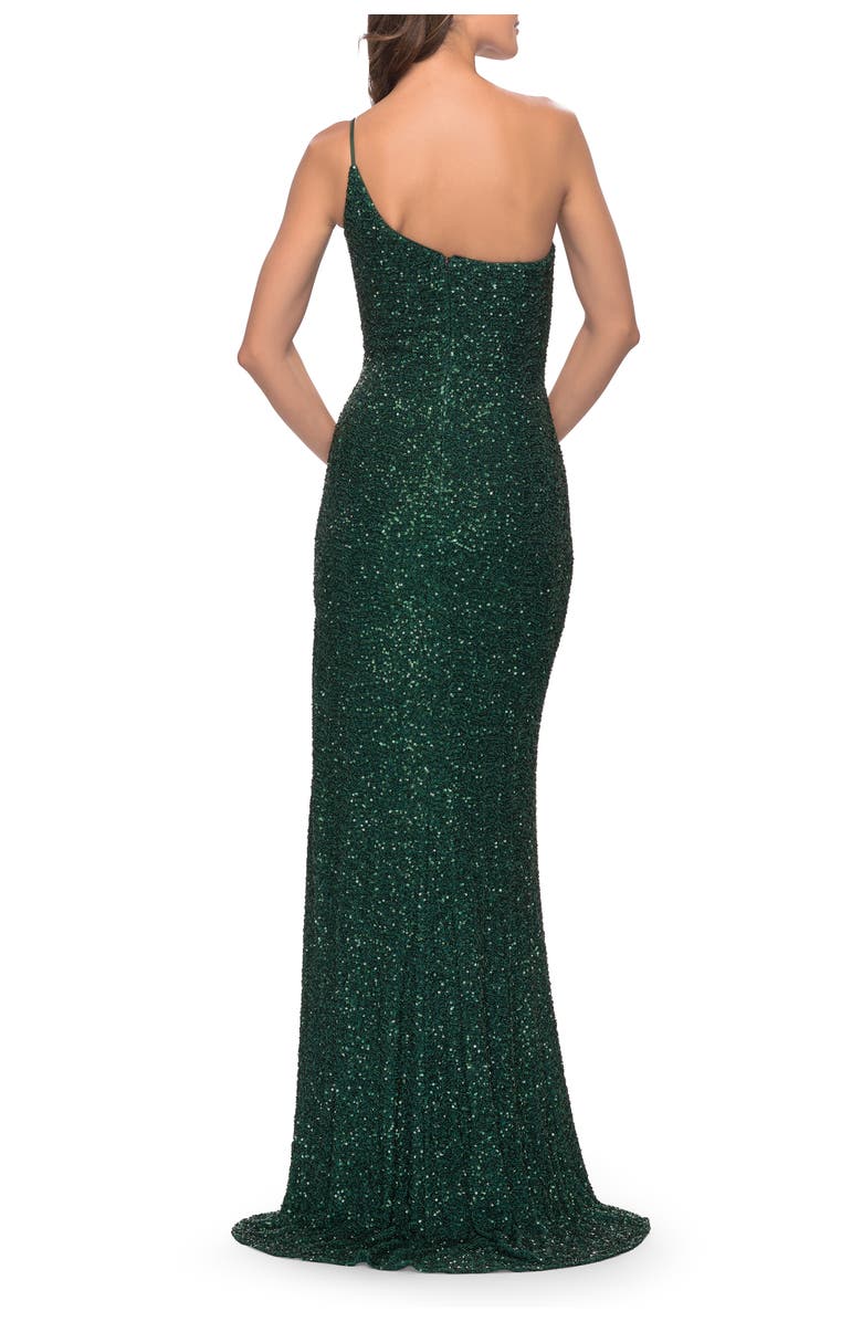 La Femme Elegant Soft Sequin One Shoulder Long Dress in Jewel Tones, Alternate, color, Emerald
