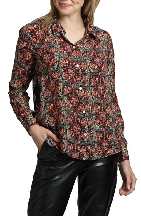 Abstract Print Roll Tab Sleeve Chiffon Button-Up Shirt