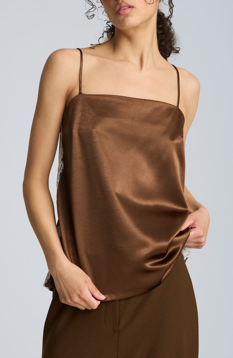 Kenneth Cole Lace Trim Satin Camisole, Main, color, Brunette