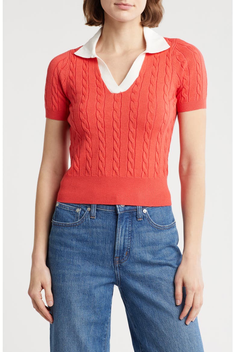 Ivy Short Sleeve Polo Sweater, Main, color, RADIANT RED/ GARDENIA