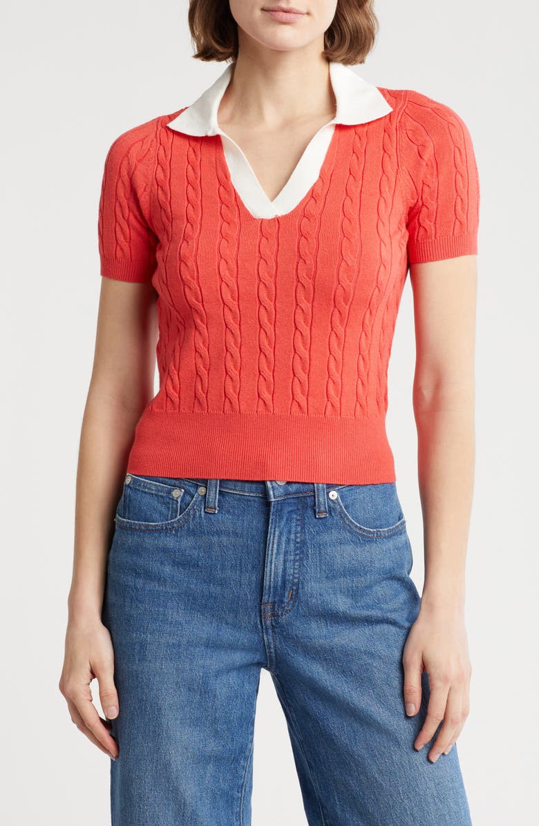 Love By Design Ivy Short Sleeve Polo Sweater, Main, color, Radiant Red/ Gardenia