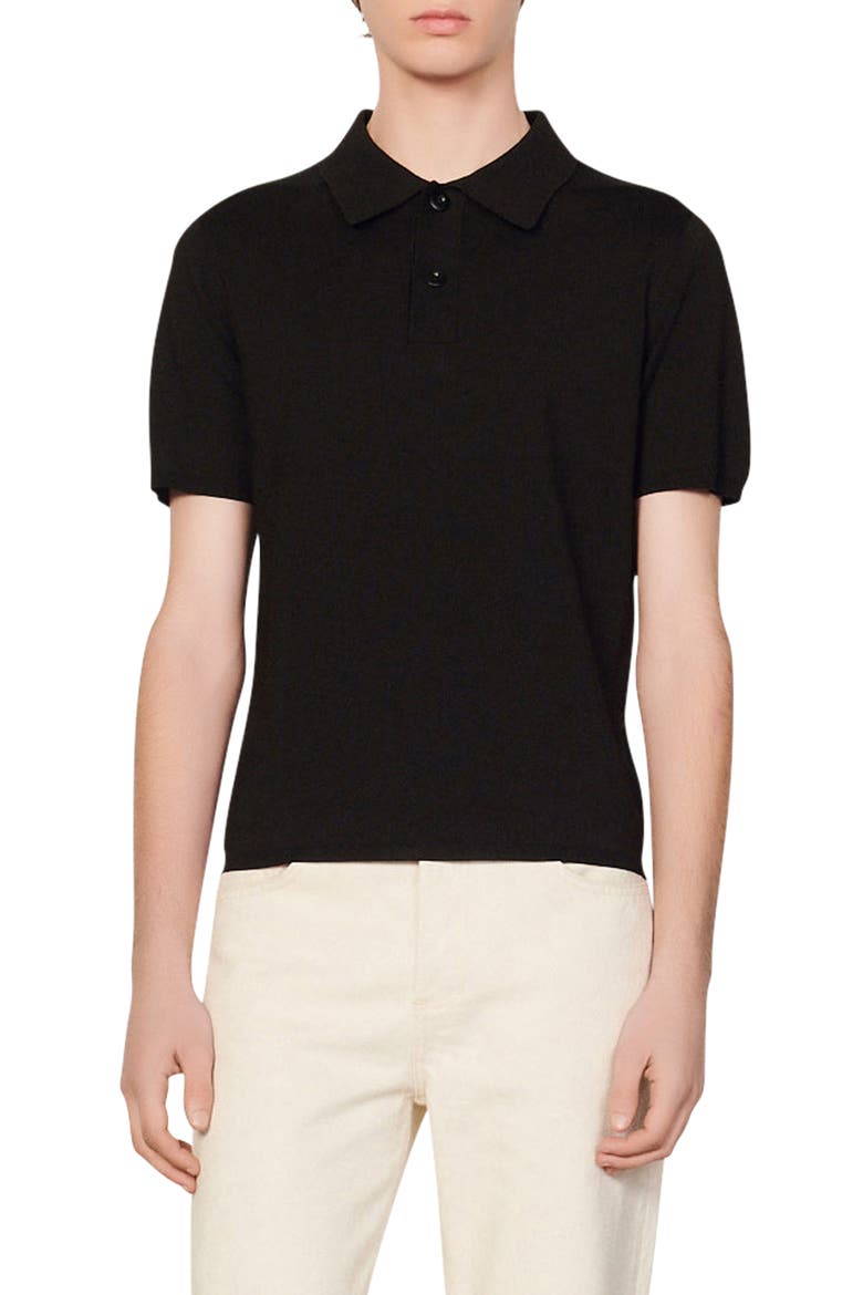 Short-sleeve knitted polo shirt, Alternate, color, BLACK