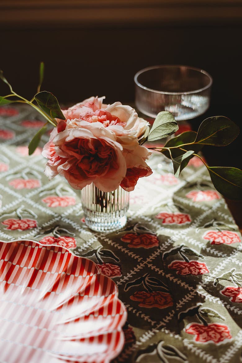 Noor - Pure Linen Handprinted Table Runner, Alternate, color, Olive & Pink