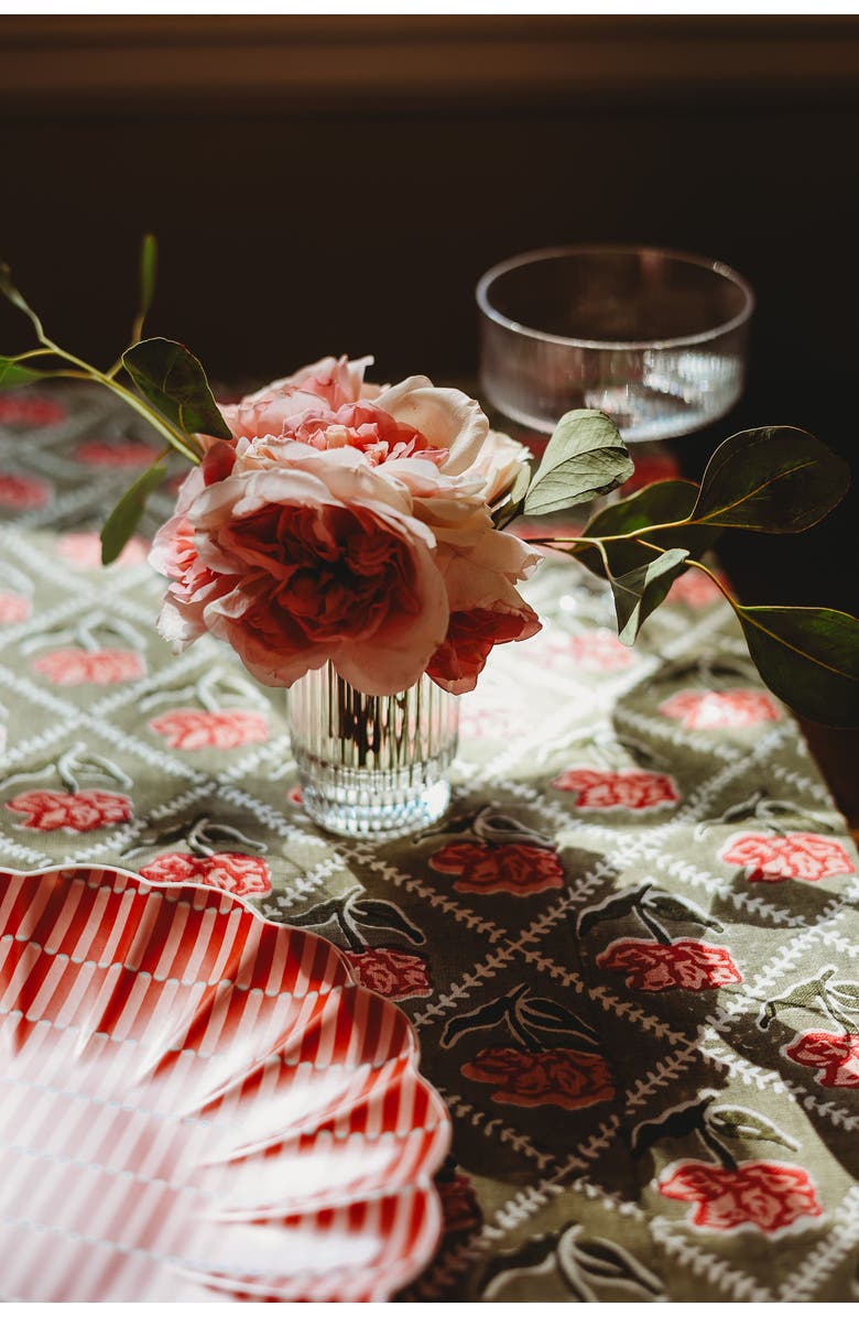 Banyan & Birch Noor - Pure Linen Handprinted Table Runner, Alternate, color, Olive & Pink