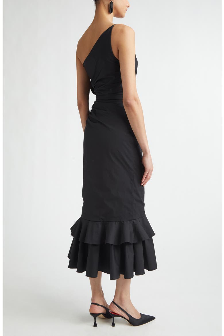 Ruffled Asymmetric Ruched One-Shoulder Midi Dress, Alternate, color, BLACK