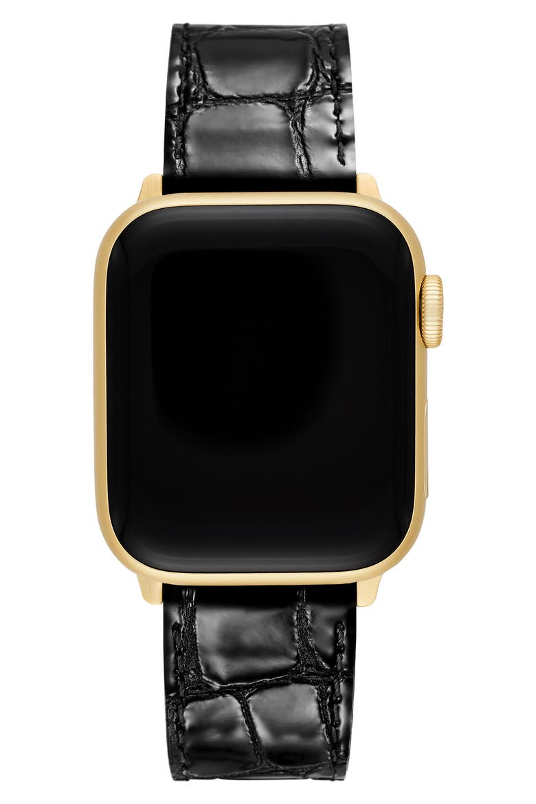 Croc Embossed Leather 20mm Apple Watch® Watchband (Nordstrom Exclusive), Main, color, BLACK GOLD