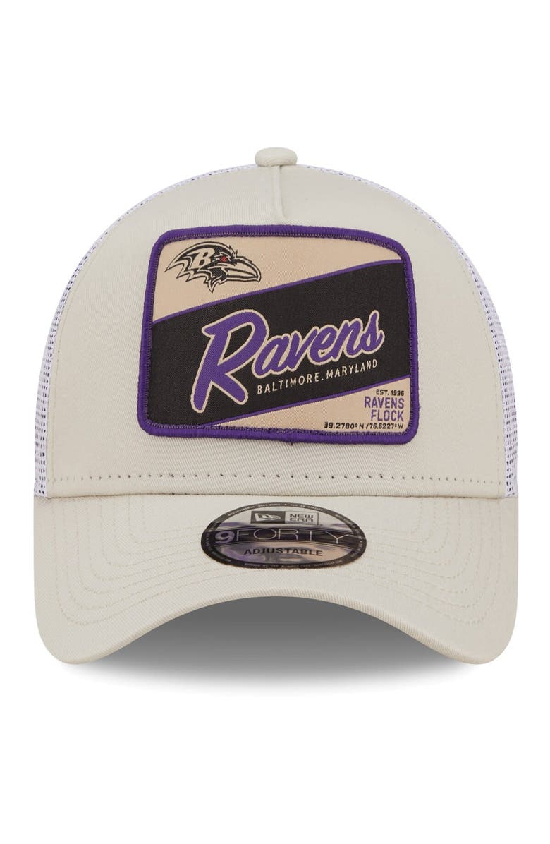 New Era Men's New Era Khaki/White Baltimore Ravens Happy Camper A-Frame Trucker 9FORTY Snapback Hat, Alternate, color,