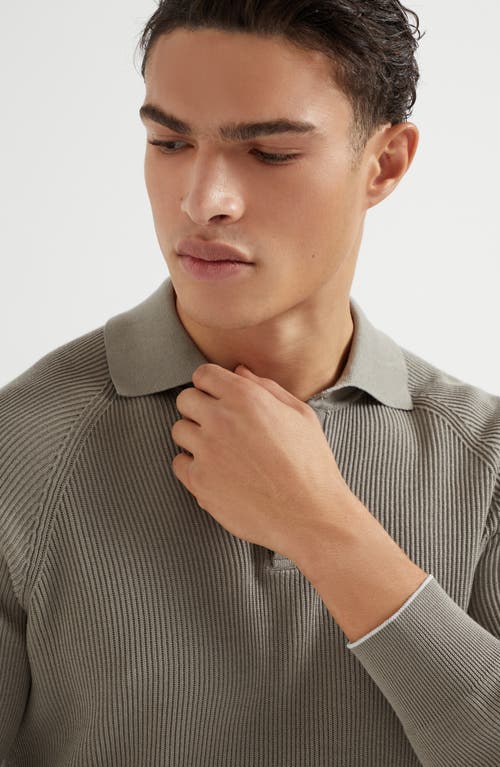 Brunello Cucinelli Cotton English-rib Polo Sweater In Khaki