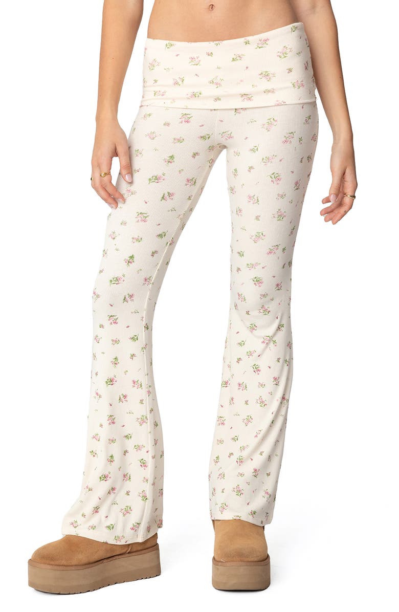 EDIKTED Bloom Baby Floral Foldover Waist Rib Pants, Main, color, Cream