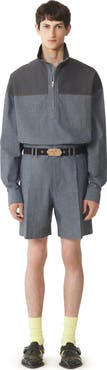 Lanvin High Zip-Neck Chambray Top