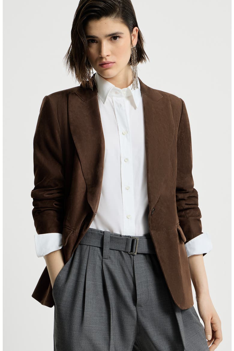 Suede blazer with monili, Alternate, color, Rust Brown