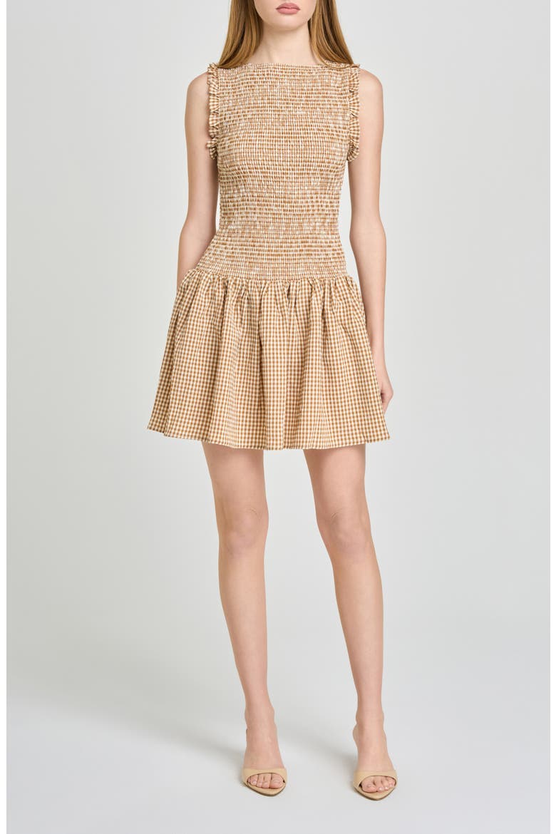 Esme Gingham Smocked Bodice Drop Waist Minidress, Main, color, TAN