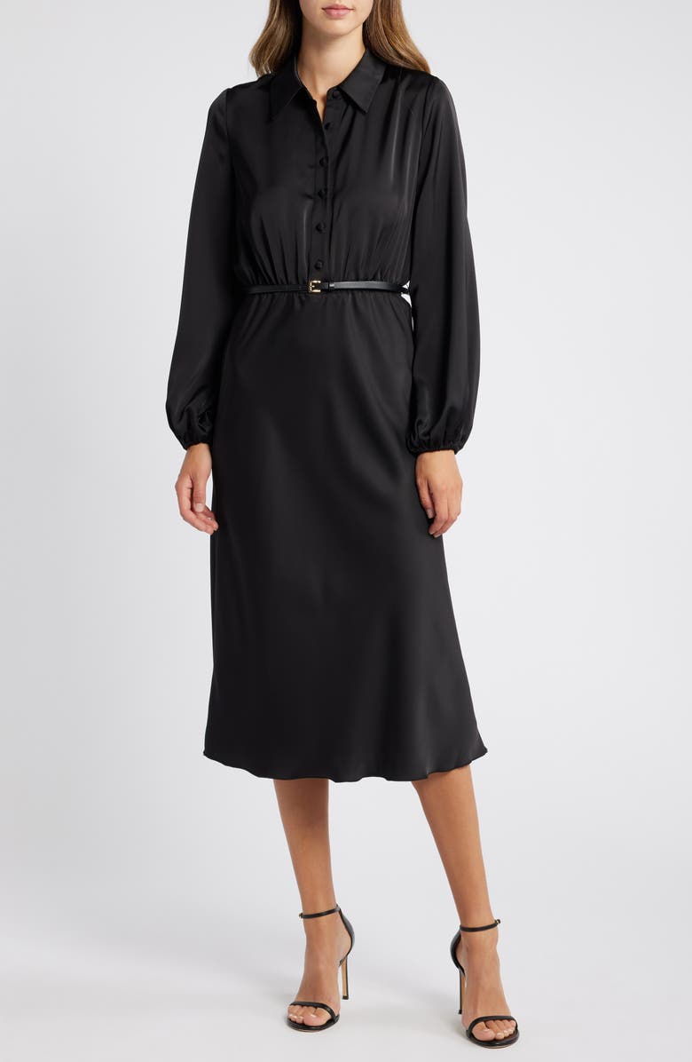 Sam Edelman Fluid Long Sleeve Satin Midi Shirtdress, Main, color,