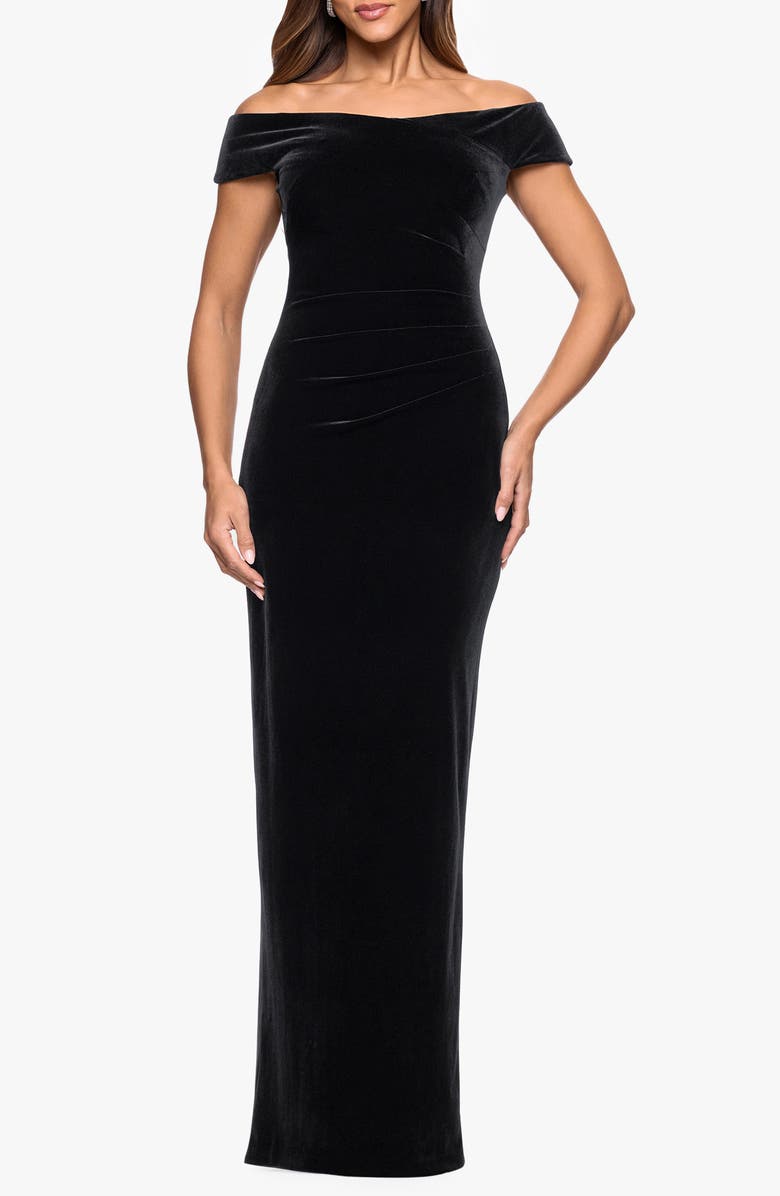 Xscape Evenings Off the Shoulder Velvet Gown, Main, color, Black