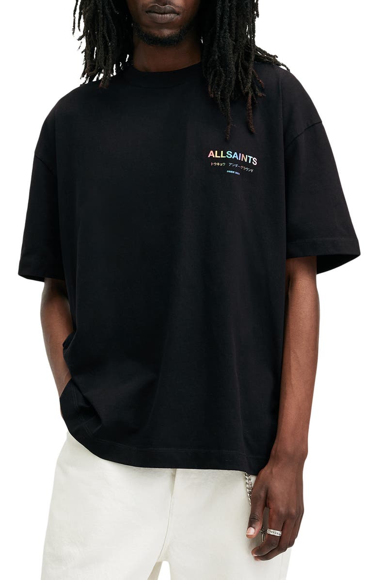 AllSaints Underground Pride Oversize Organic Cotton Graphic T-Shirt, Main, color, Jet Black