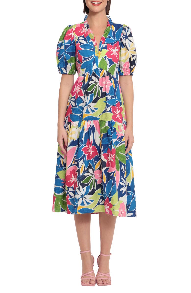 Donna Morgan Ruffle V-Neck Puff Sleeve Dress, Main, color, 