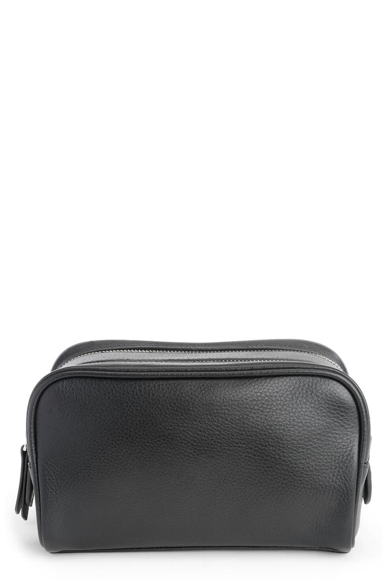 Double Zip Leather Toiletry Bag, Main, color, BLACK