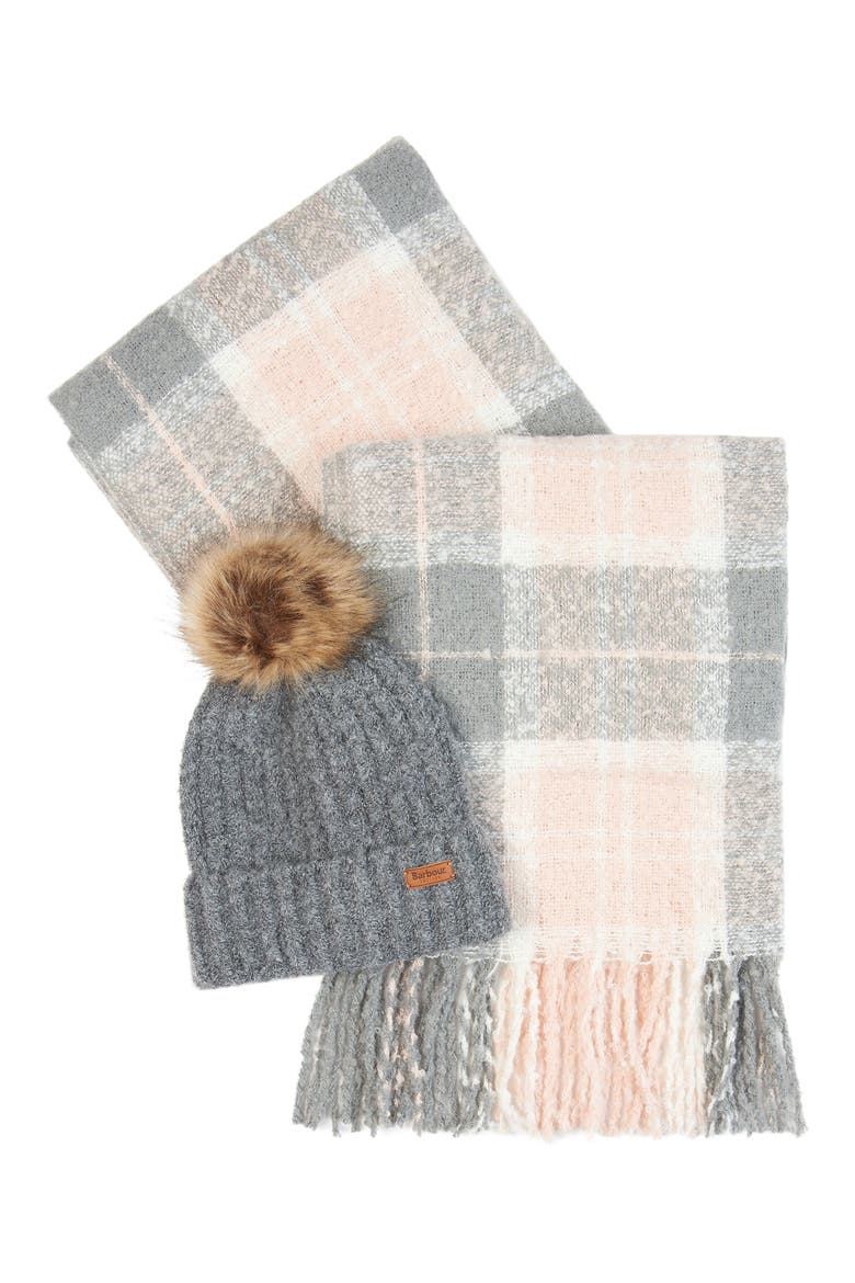 Saltburn Faux Fur Beanie & Scarf Set, Main, color, GREY ROSE