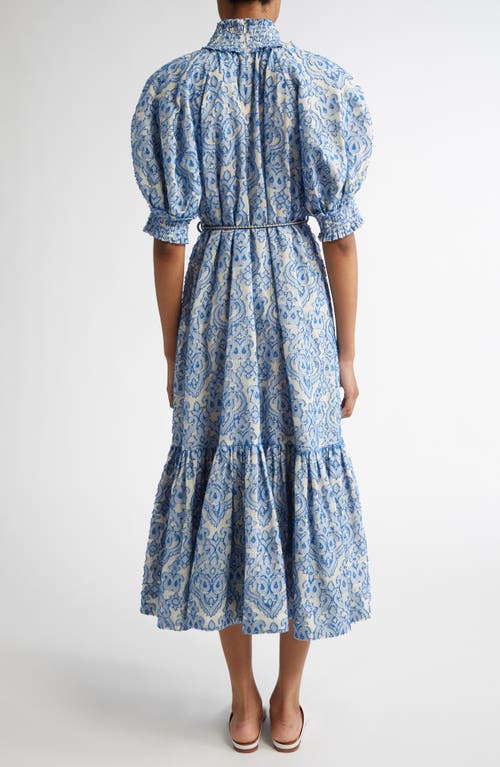 Zimmermann Wylie Belted Tiered Embroidered Cotton Midi Dress In Blue