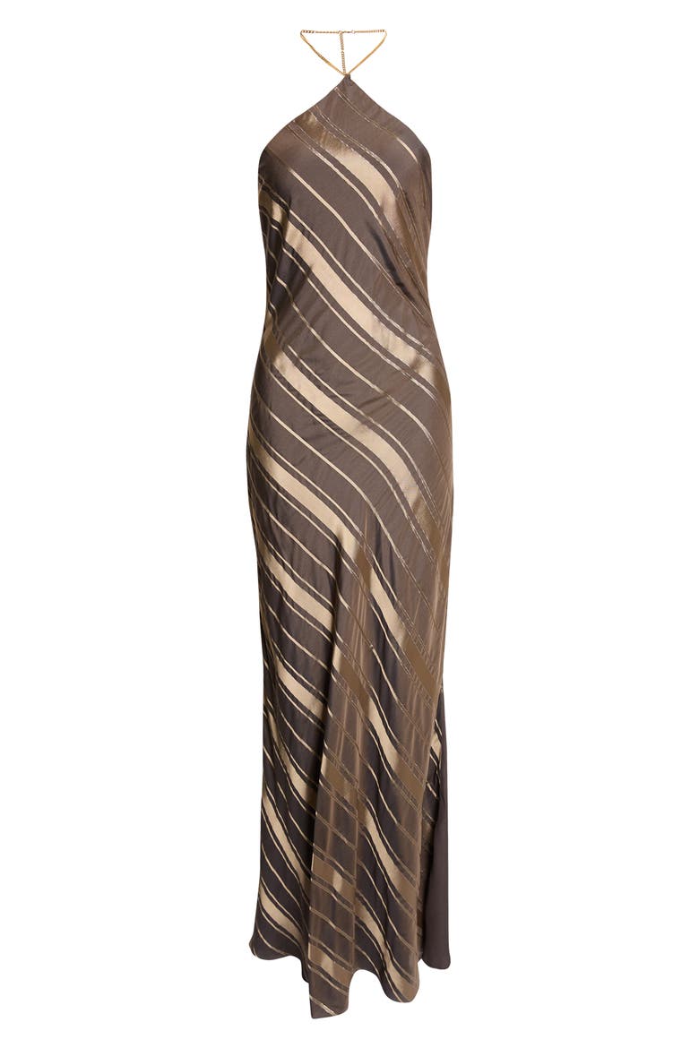 Metallic Diagonal Stripe Halter Gown, Alternate, color, TRUFFLE