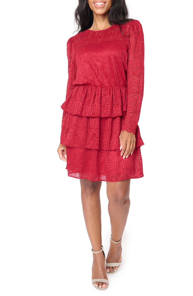 GIBSONLOOK Long Sleeve Tiered Lace Dress, Main, color, Ruby Red