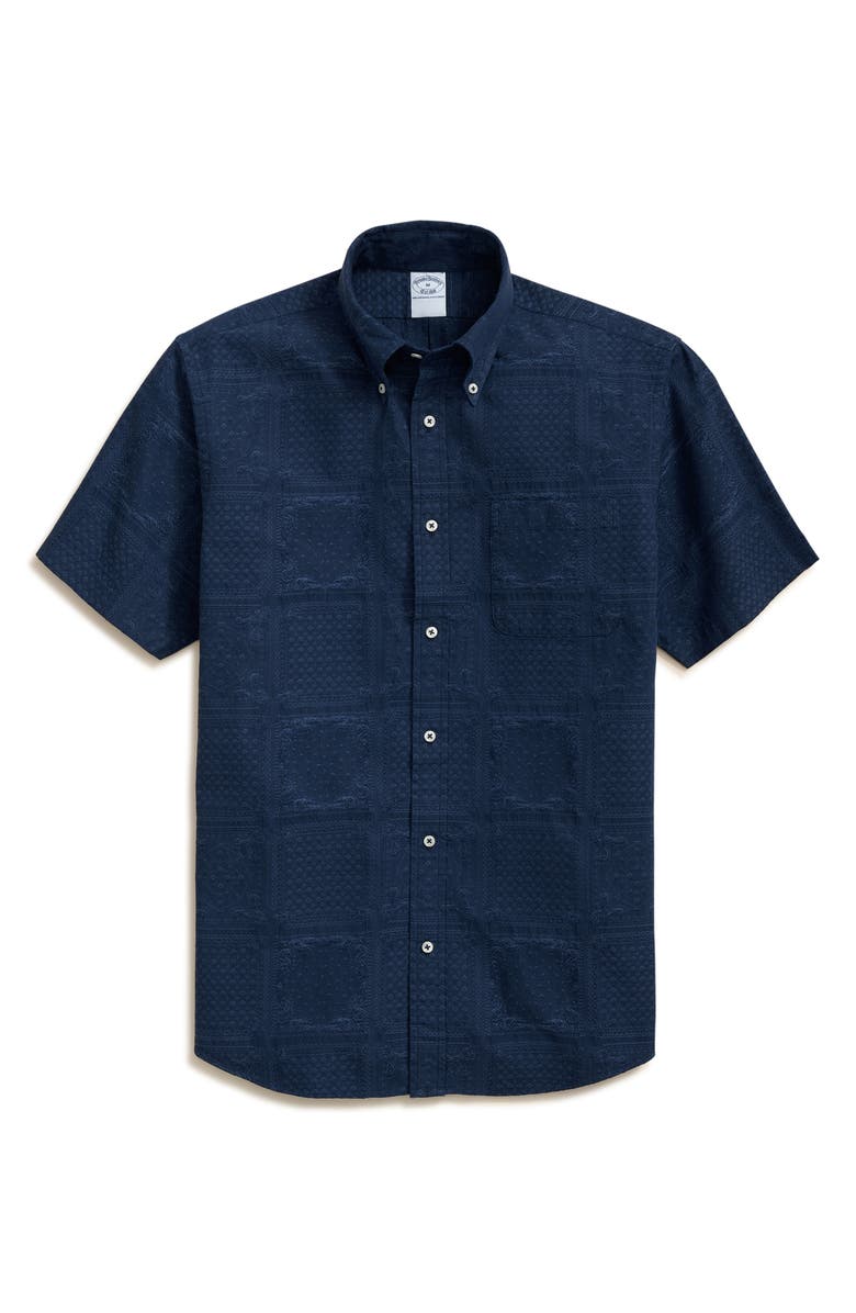 Brooks Brothers Regular Fit Patchwork Jacquard Short Sleeve Cotton Button-Down Shirt, Main, color, Patchworkjacquard